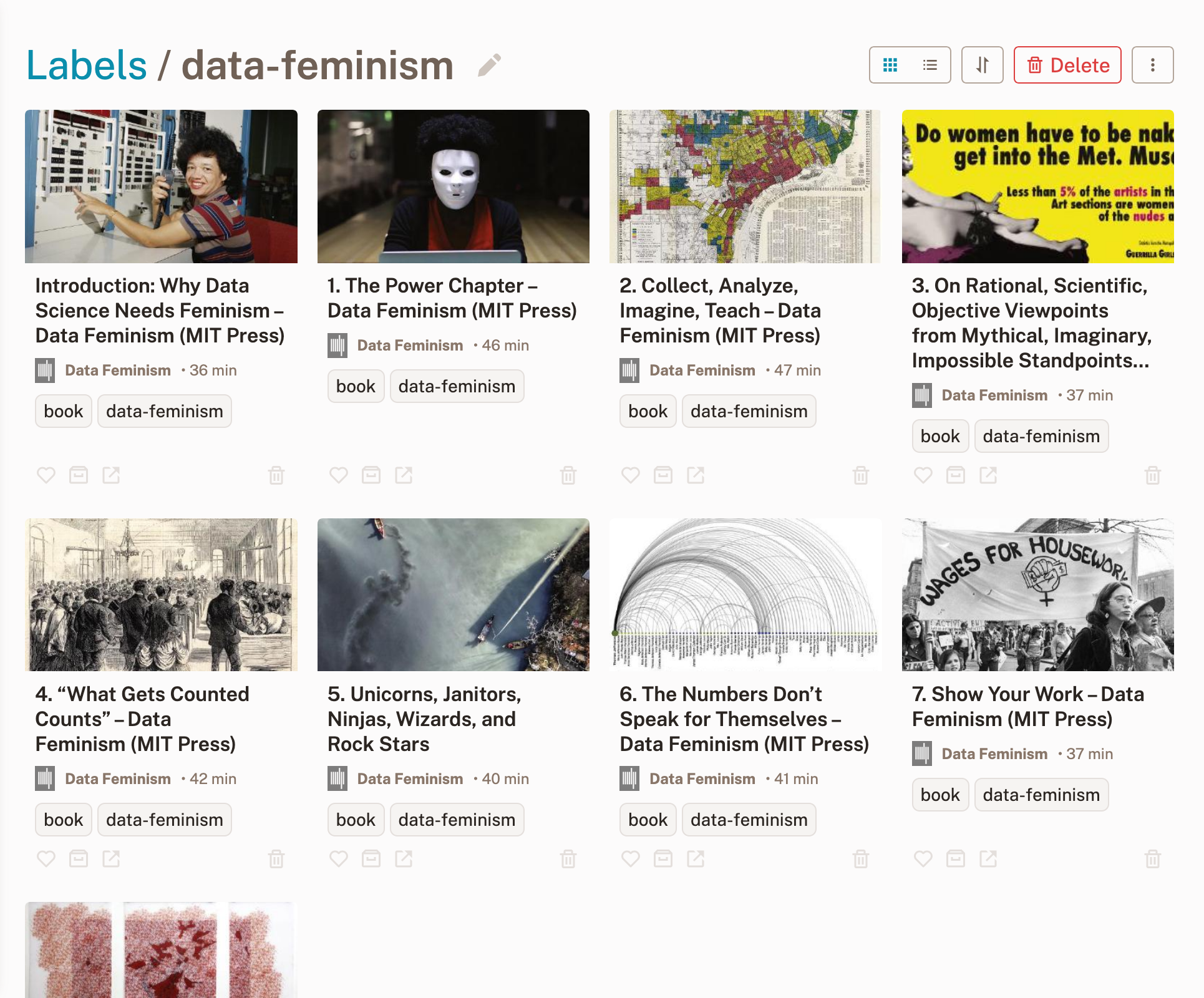 A screenshot of the Readeck app showing articles saved under the 'data-feminism' label.